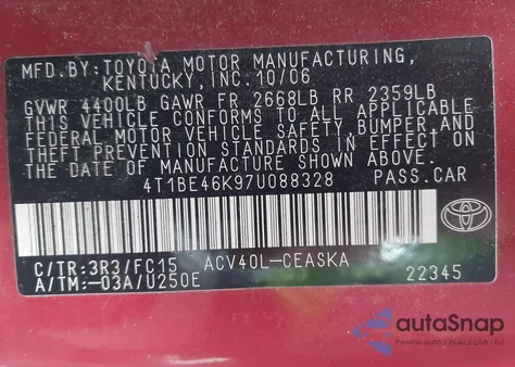 2007 Toyota Camry Ce/Le/Xle/Se z USA, uszkodzony, nr VIN 4T1BE46K97U088328